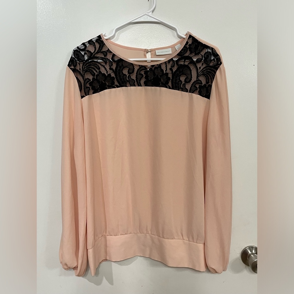 New York & Company Blush Long-Sleeve Top with Black Lace Yoke, size XL